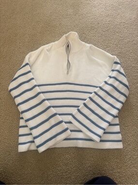Edikted White Knit Half-Zip Sweater with Light Blue Stripes